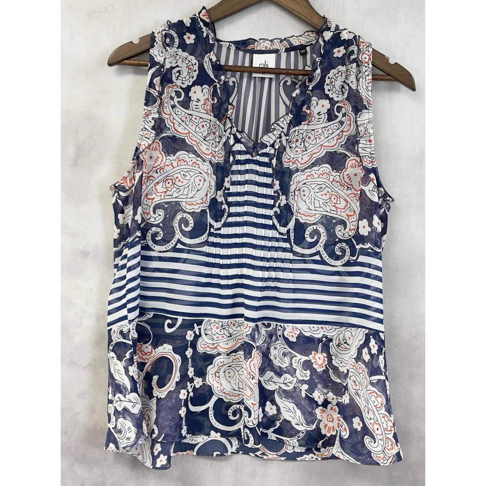 Cabi Paisley Peplum Stripe Sleeveless Top Women XS Sheer Coastal Boho Flowy 5349